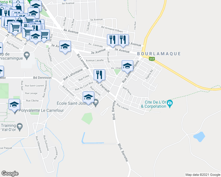 map of restaurants, bars, coffee shops, grocery stores, and more near Allard Street in Val-d'Or