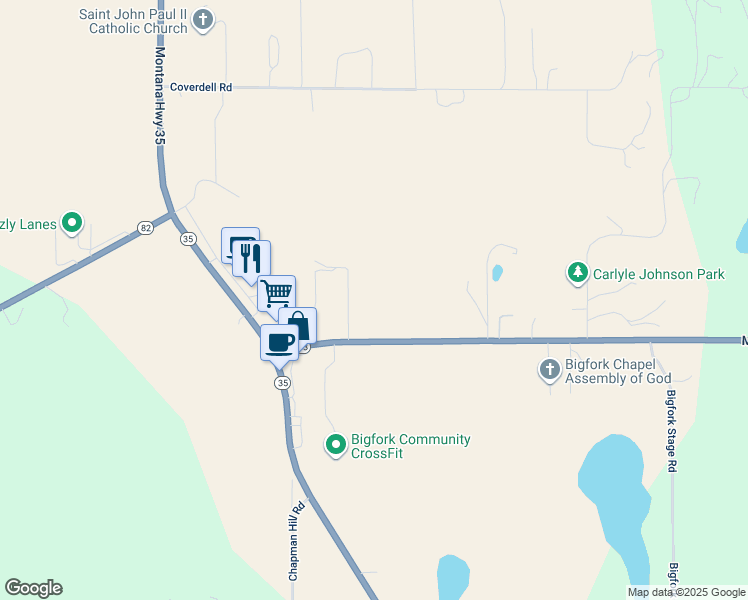 map of restaurants, bars, coffee shops, grocery stores, and more near 135 Highway 83 in Bigfork