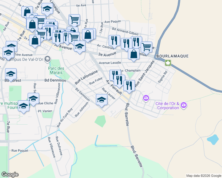 map of restaurants, bars, coffee shops, grocery stores, and more near 168 Avenue Perrault in Val-d'Or
