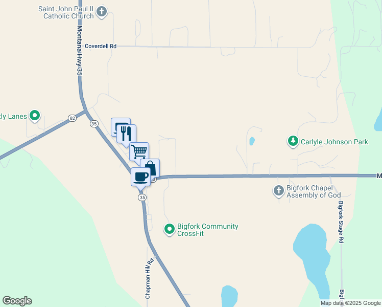 map of restaurants, bars, coffee shops, grocery stores, and more near 135 Highway 83 in Bigfork