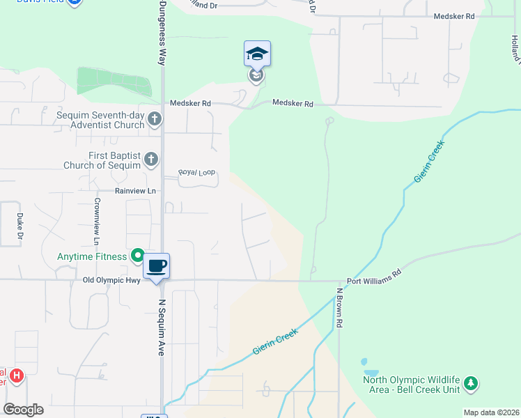 map of restaurants, bars, coffee shops, grocery stores, and more near 43 Jersey Lane in Sequim
