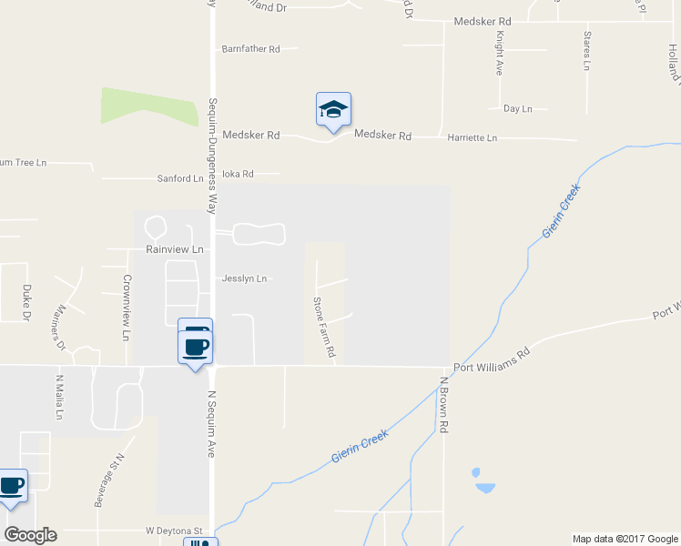 map of restaurants, bars, coffee shops, grocery stores, and more near 43 Jersey Lane in Sequim