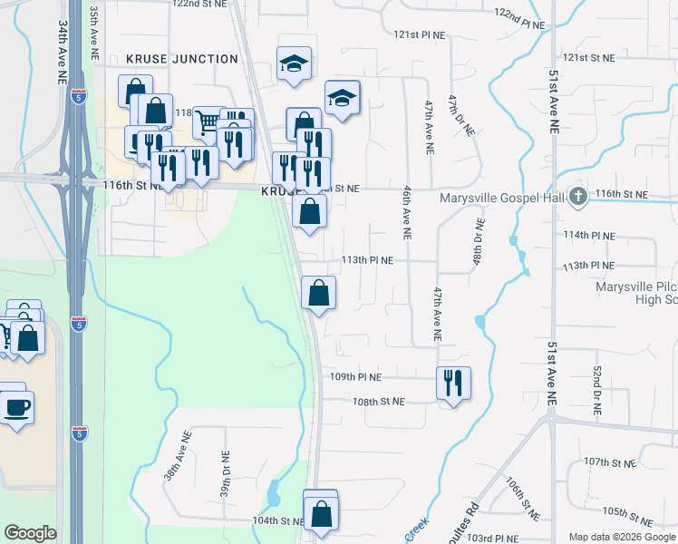 map of restaurants, bars, coffee shops, grocery stores, and more near 11301 43rd Drive Northeast in Marysville