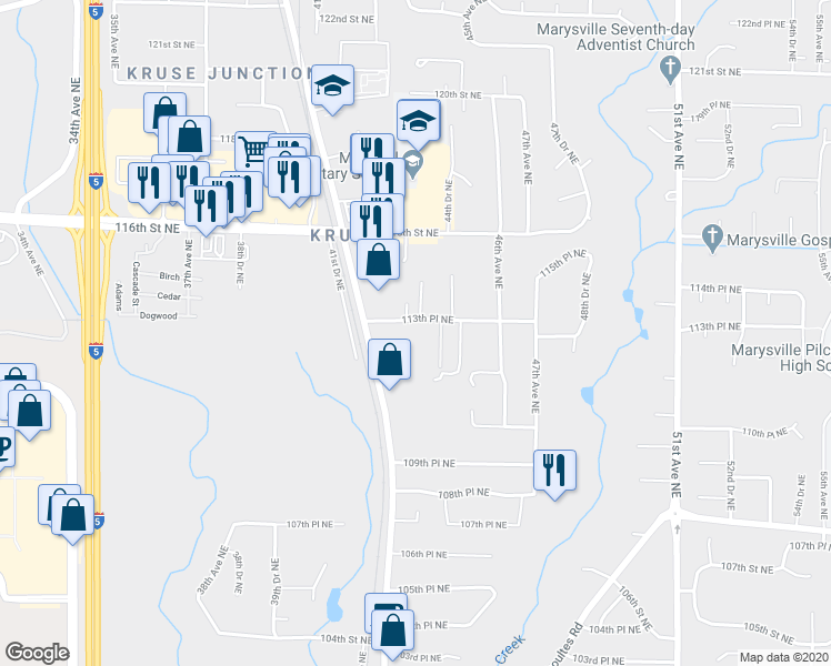 map of restaurants, bars, coffee shops, grocery stores, and more near 11304 45th Avenue Northeast in Marysville