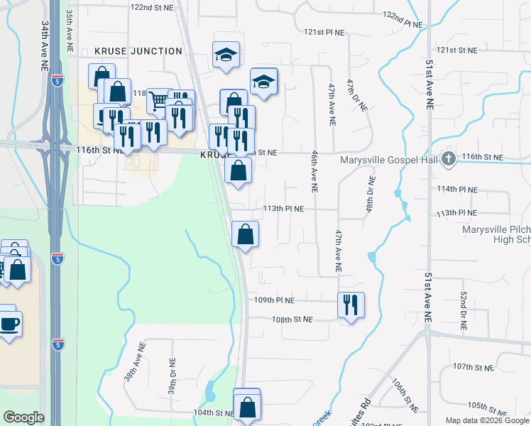 map of restaurants, bars, coffee shops, grocery stores, and more near 11301 43rd Drive Northeast in Marysville