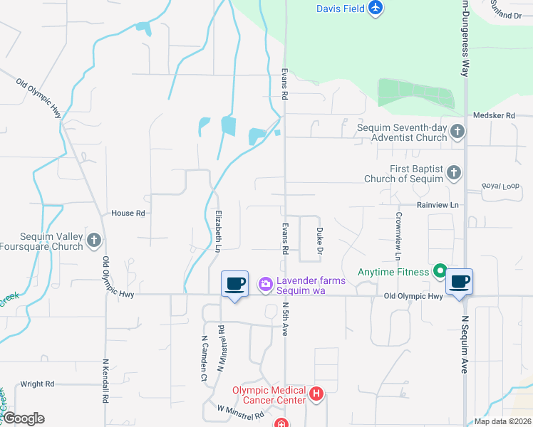 map of restaurants, bars, coffee shops, grocery stores, and more near 241 Evans Road in Sequim