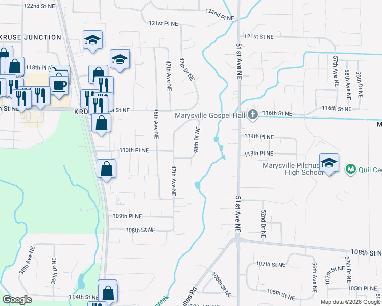 map of restaurants, bars, coffee shops, grocery stores, and more near 11310 48th Drive Northeast in Marysville