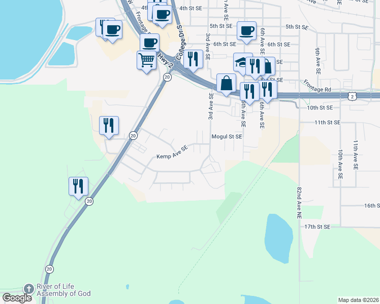 map of restaurants, bars, coffee shops, grocery stores, and more near 220 Kemp Avenue Southeast in Devils Lake
