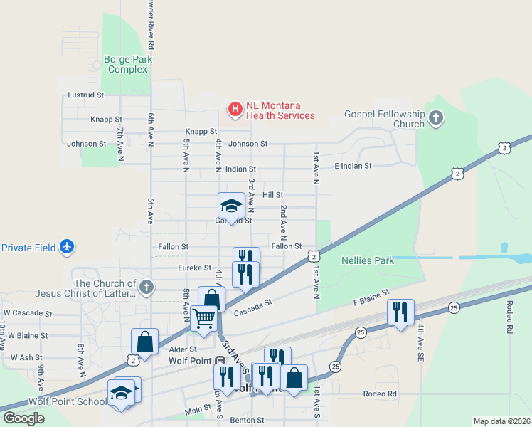 map of restaurants, bars, coffee shops, grocery stores, and more near 228-298 Garfield Street in Wolf Point