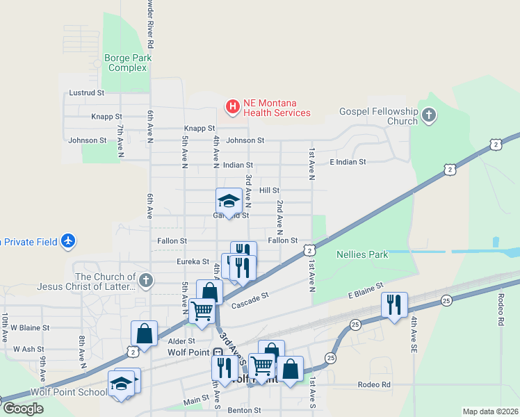 map of restaurants, bars, coffee shops, grocery stores, and more near 228-298 Garfield Street in Wolf Point
