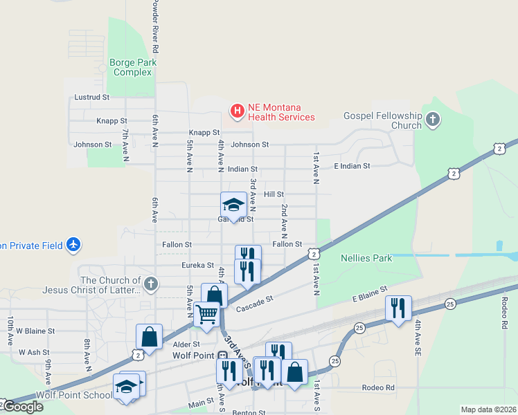 map of restaurants, bars, coffee shops, grocery stores, and more near 228 Garfield Street in Wolf Point