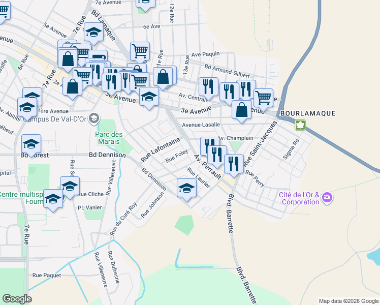map of restaurants, bars, coffee shops, grocery stores, and more near 180 Avenue Perrault in Val-d'Or