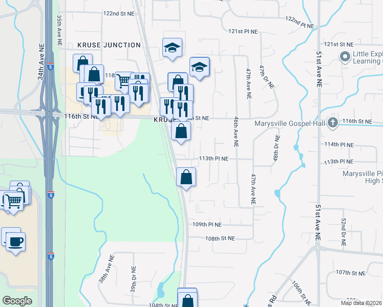 map of restaurants, bars, coffee shops, grocery stores, and more near 4305 113th Place Northeast in Marysville