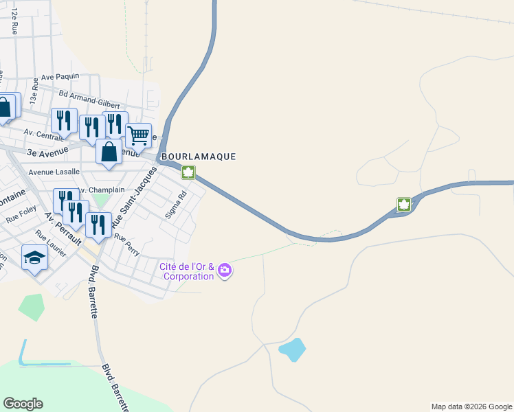 map of restaurants, bars, coffee shops, grocery stores, and more near 670 3e Avenue in Val-d'Or