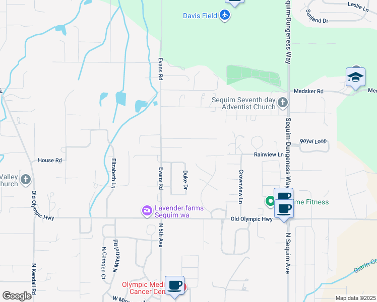 map of restaurants, bars, coffee shops, grocery stores, and more near 91 Duke Drive in Sequim