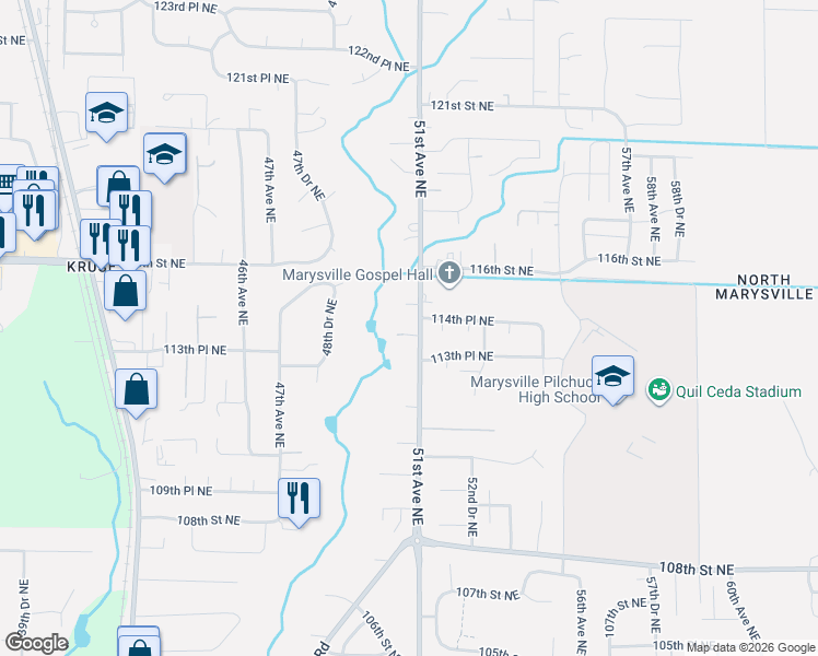 map of restaurants, bars, coffee shops, grocery stores, and more near 11328 51st Avenue Northeast in Marysville