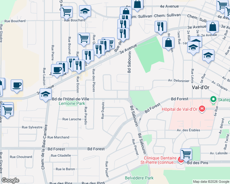 map of restaurants, bars, coffee shops, grocery stores, and more near 1543 Rue des Hauts-Bois in Val-d'Or