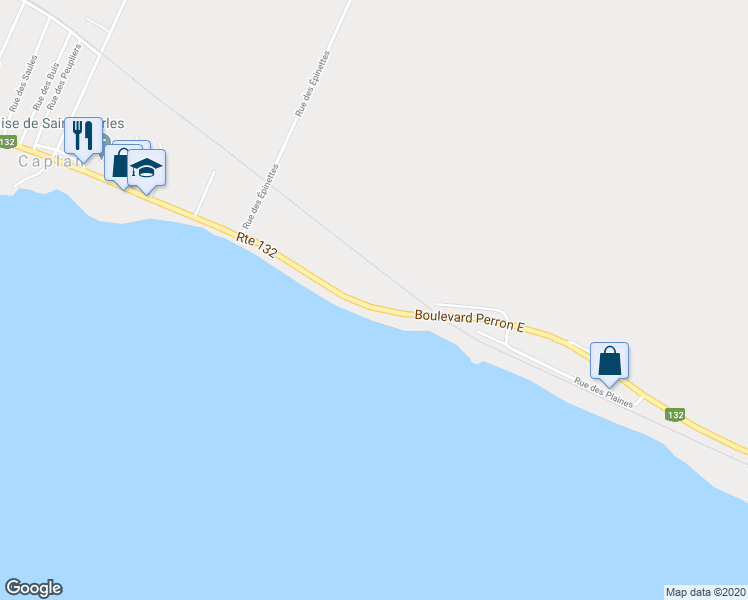 map of restaurants, bars, coffee shops, grocery stores, and more near 105 Boulevard Perron Est in Caplan