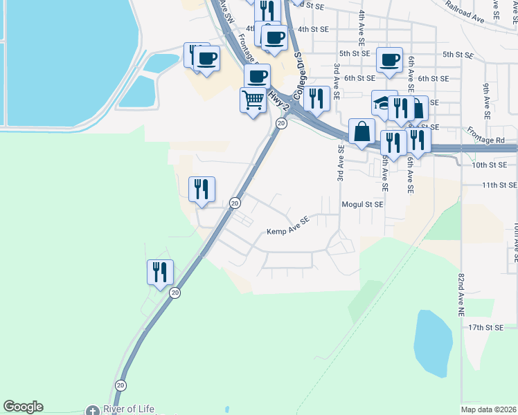 map of restaurants, bars, coffee shops, grocery stores, and more near 104 Shamrock Lane Southeast in Devils Lake
