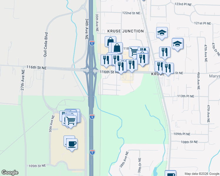 map of restaurants, bars, coffee shops, grocery stores, and more near 11424 36th Drive Northeast in Marysville