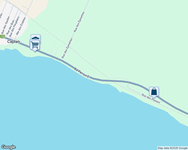 map of restaurants, bars, coffee shops, grocery stores, and more near 105 Boulevard Perron Est in Caplan