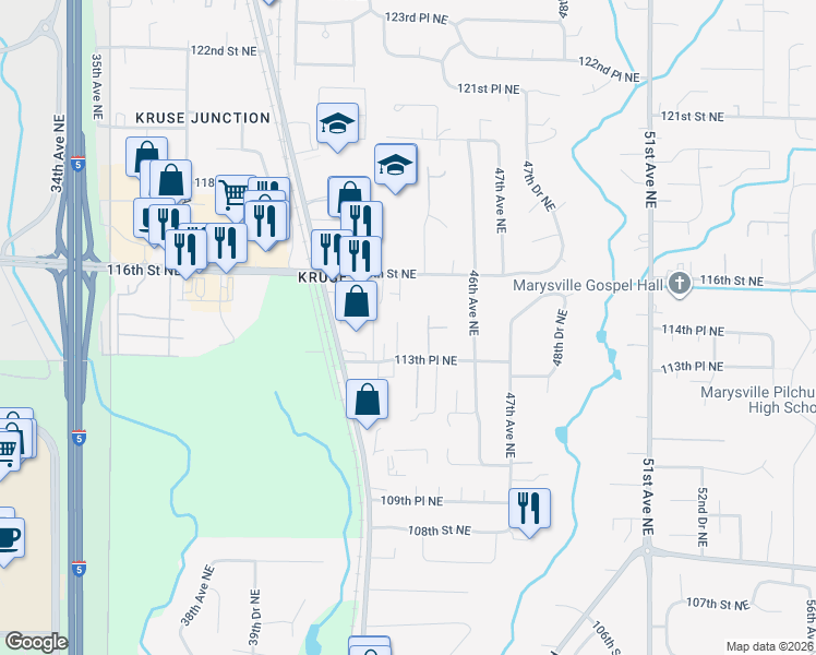map of restaurants, bars, coffee shops, grocery stores, and more near 4326 116th Street Northeast in Marysville