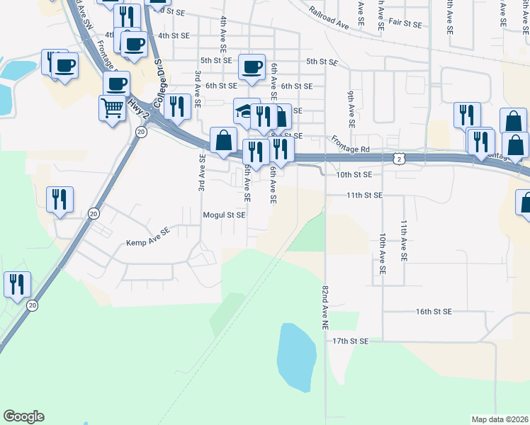 map of restaurants, bars, coffee shops, grocery stores, and more near 1015 6th Avenue Southeast in Devils Lake