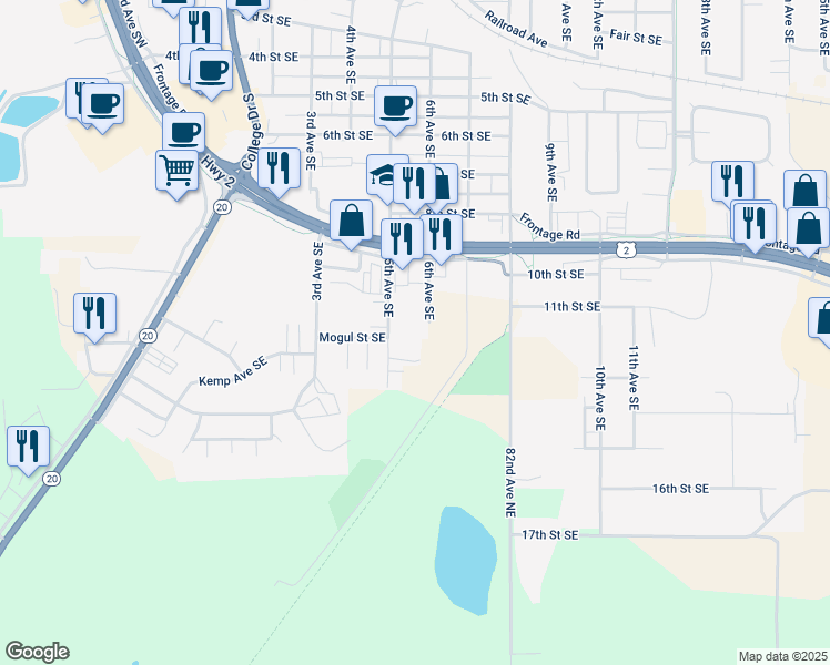 map of restaurants, bars, coffee shops, grocery stores, and more near 1124 5th Avenue Southeast in Devils Lake