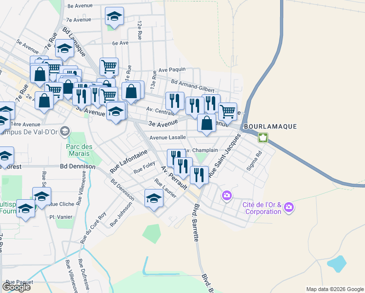 map of restaurants, bars, coffee shops, grocery stores, and more near 171 Avenue Champlain in Val-d'Or