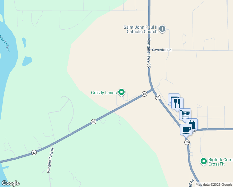 map of restaurants, bars, coffee shops, grocery stores, and more near 2849 Highway 82 in Bigfork