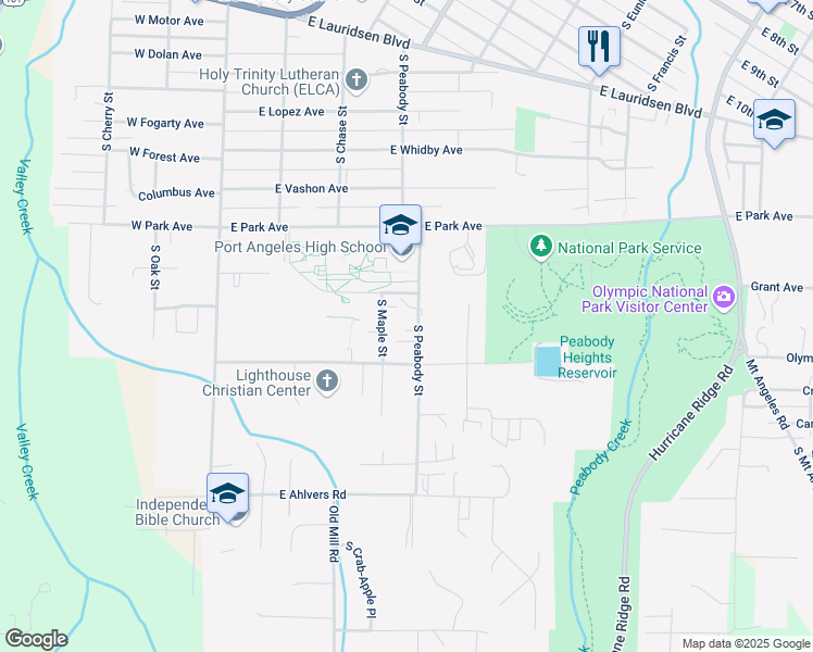 map of restaurants, bars, coffee shops, grocery stores, and more near 2920 South Peabody Street in Port Angeles