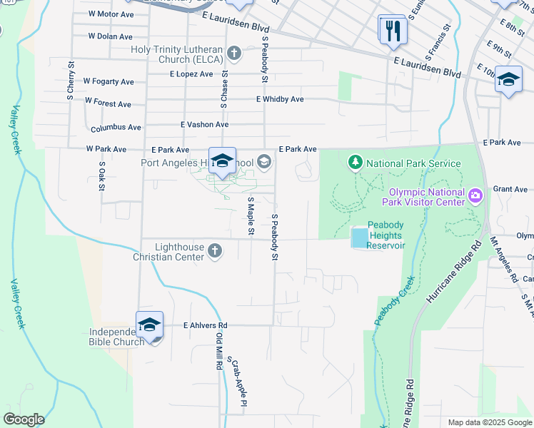 map of restaurants, bars, coffee shops, grocery stores, and more near 2920 South Peabody Street in Port Angeles