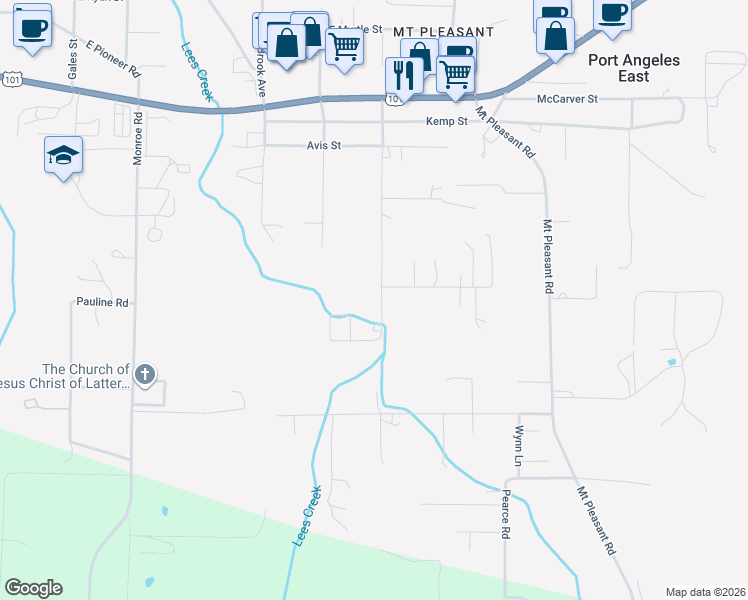 map of restaurants, bars, coffee shops, grocery stores, and more near 392 Leighland Avenue in Port Angeles