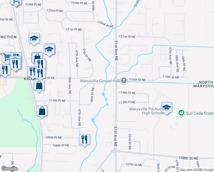 map of restaurants, bars, coffee shops, grocery stores, and more near 11508 51st Avenue Northeast in Marysville