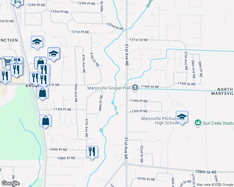 map of restaurants, bars, coffee shops, grocery stores, and more near 11508 51st Avenue Northeast in Marysville
