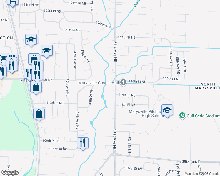 map of restaurants, bars, coffee shops, grocery stores, and more near 11508 51st Avenue Northeast in Marysville