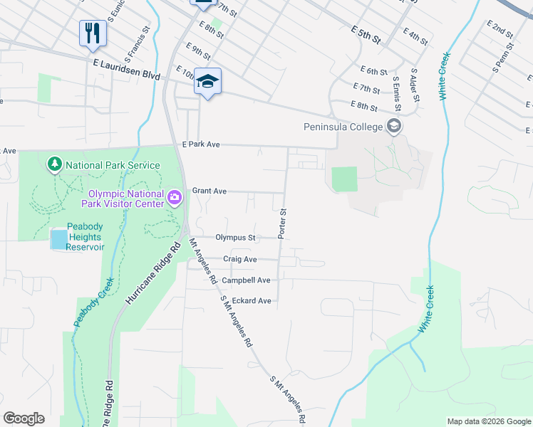 map of restaurants, bars, coffee shops, grocery stores, and more near 1122 Grant Avenue in Port Angeles