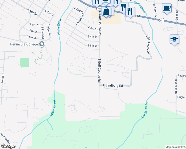 map of restaurants, bars, coffee shops, grocery stores, and more near 1833 East Melody Lane in Port Angeles