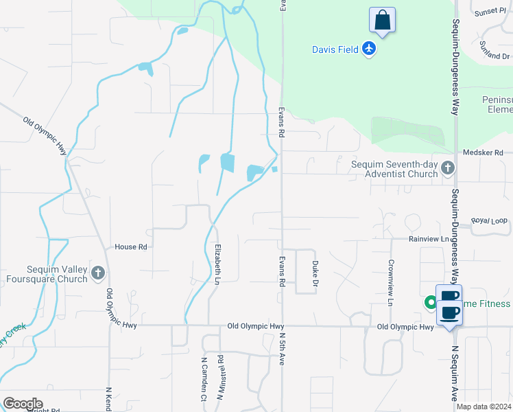 map of restaurants, bars, coffee shops, grocery stores, and more near 90 Marian Way in Sequim