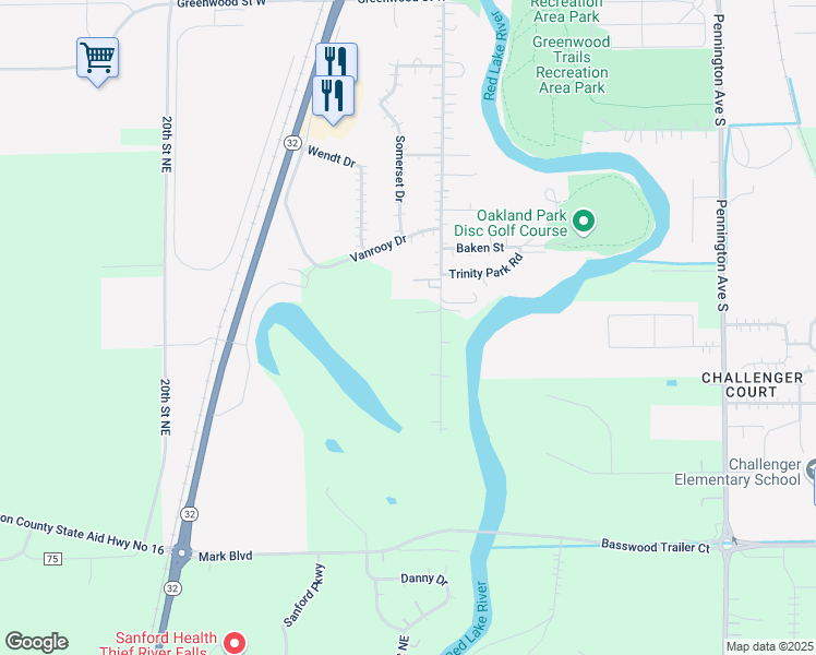 map of restaurants, bars, coffee shops, grocery stores, and more near 1405 Oakland Park Road South in Thief River Falls