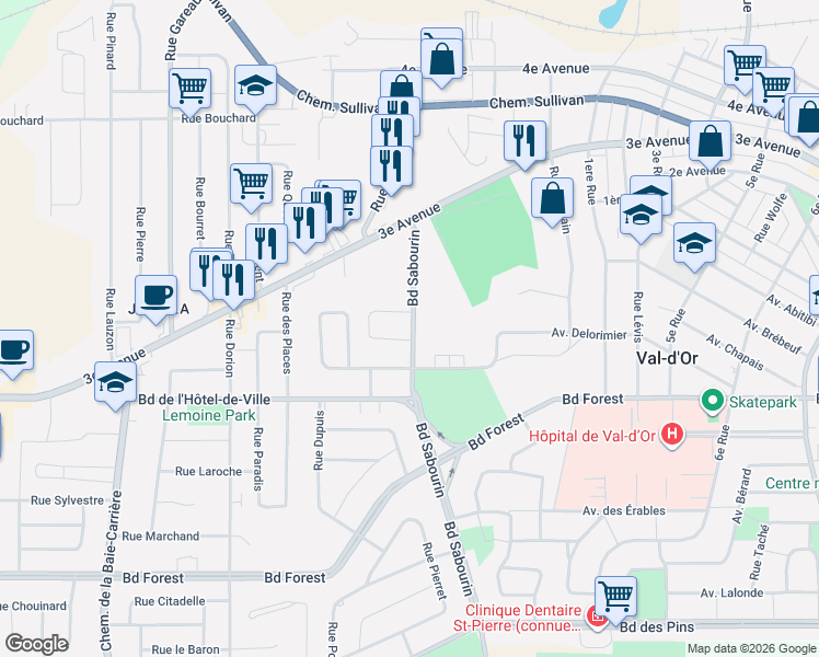 map of restaurants, bars, coffee shops, grocery stores, and more near 687 Boulevard Sabourin in Val-d'Or