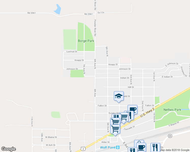 map of restaurants, bars, coffee shops, grocery stores, and more near 1000 6th Avenue North in Wolf Point