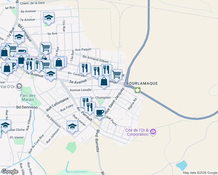 map of restaurants, bars, coffee shops, grocery stores, and more near 145 Avenue Lasalle in Val-d'Or