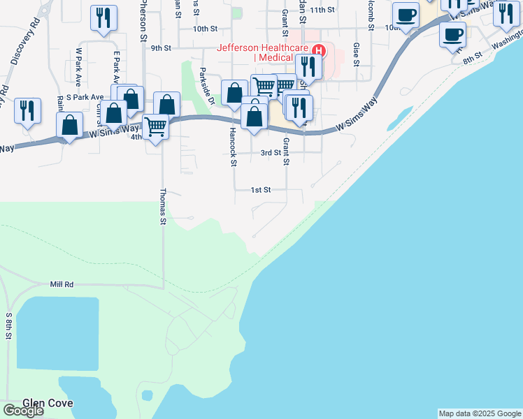 map of restaurants, bars, coffee shops, grocery stores, and more near 62 Vista Boulevard in Port Townsend