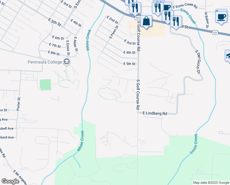 map of restaurants, bars, coffee shops, grocery stores, and more near 711 South Elizabeth Place in Port Angeles