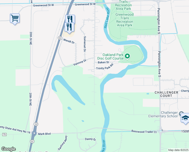 map of restaurants, bars, coffee shops, grocery stores, and more near 1405 Oakland Park Road South in Thief River Falls