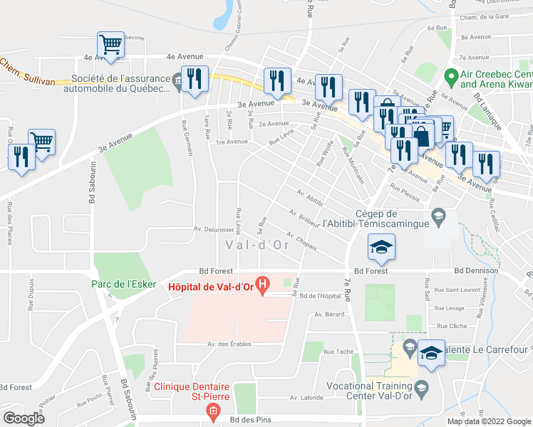 map of restaurants, bars, coffee shops, grocery stores, and more near 901 5e Rue in Val-d'Or