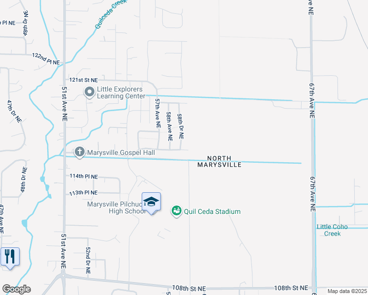 map of restaurants, bars, coffee shops, grocery stores, and more near 11625 58th Drive Northeast in Marysville