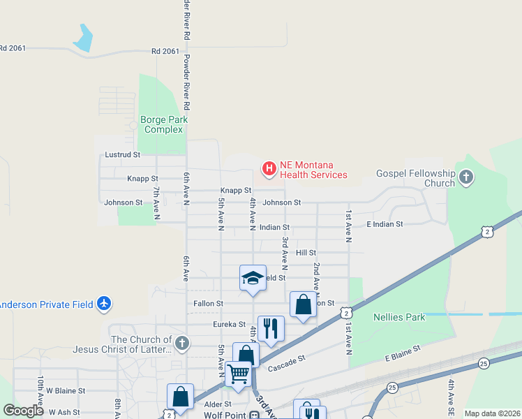 map of restaurants, bars, coffee shops, grocery stores, and more near 316 Johnson Street in Wolf Point