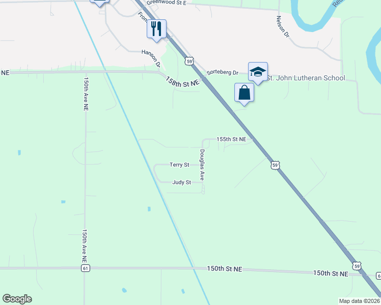 map of restaurants, bars, coffee shops, grocery stores, and more near 15356 Connie Street in Thief River Falls